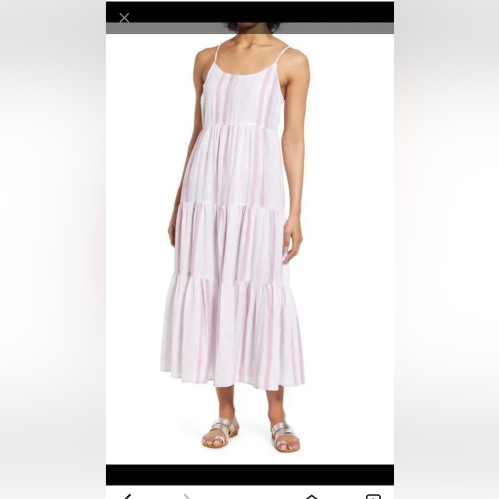 beachlunchlounge Lana Stripe Linen & Cotton Tiered Midi Sundress in Viola Lg